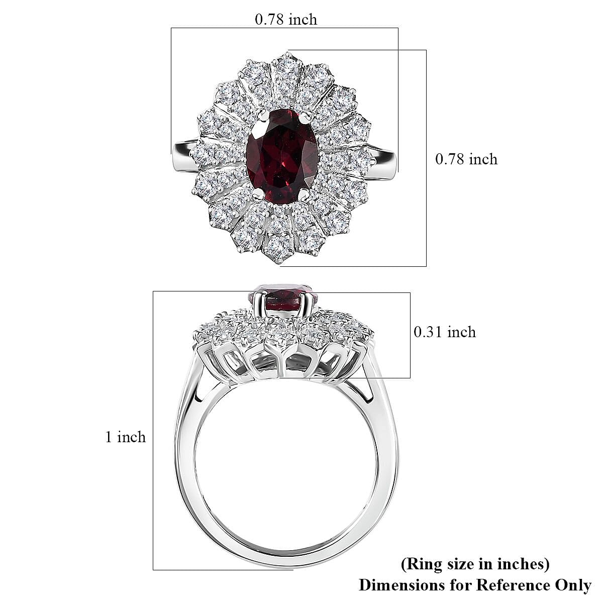 Tanzanian Wine Garnet and Moissanite Sunray Ring in Rhodium Over Sterling Silver (Size 9.0) 2.35 ctw image number 5