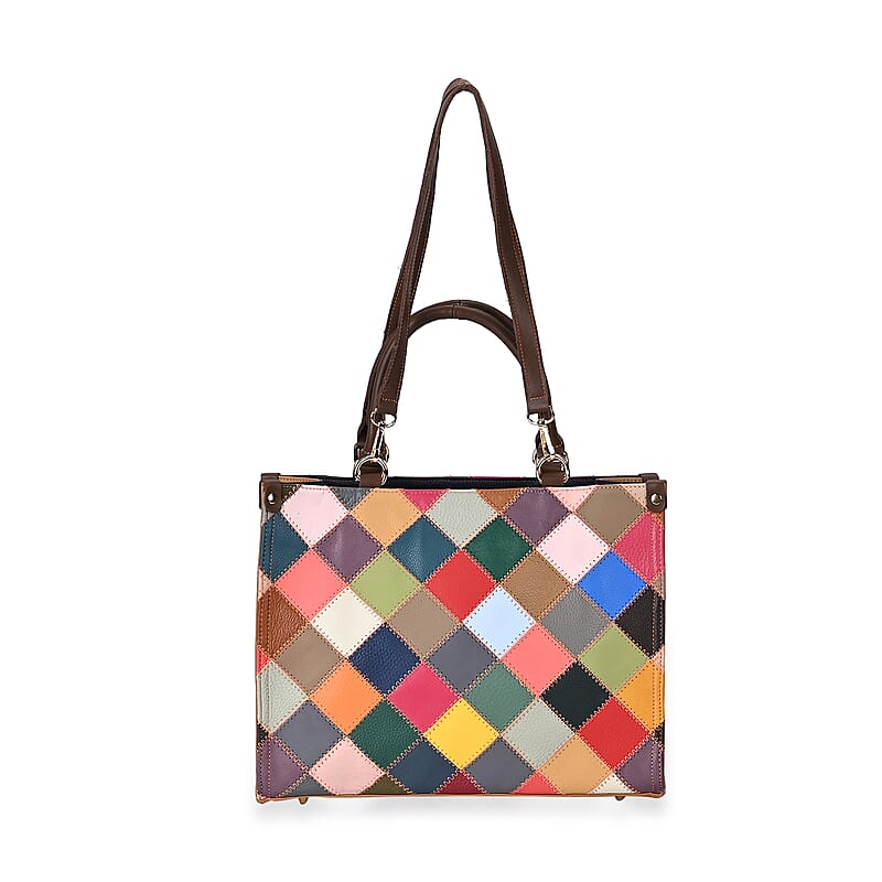 Chaos Collection Multicolor Rhomboid RFID Protected Genuine Leather Tote Bag with 2 pcs Shoulder Strap