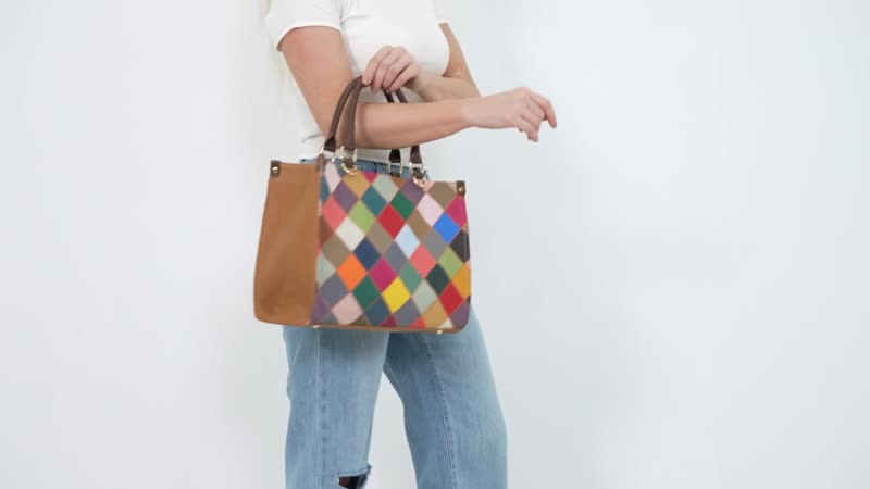 Chaos Collection Multicolor Rhomboid RFID Pretect Genuine Leather Tote Bag (13.4"x5.9"x10.2") with 2 pcs Shoulder Strap (29.5")