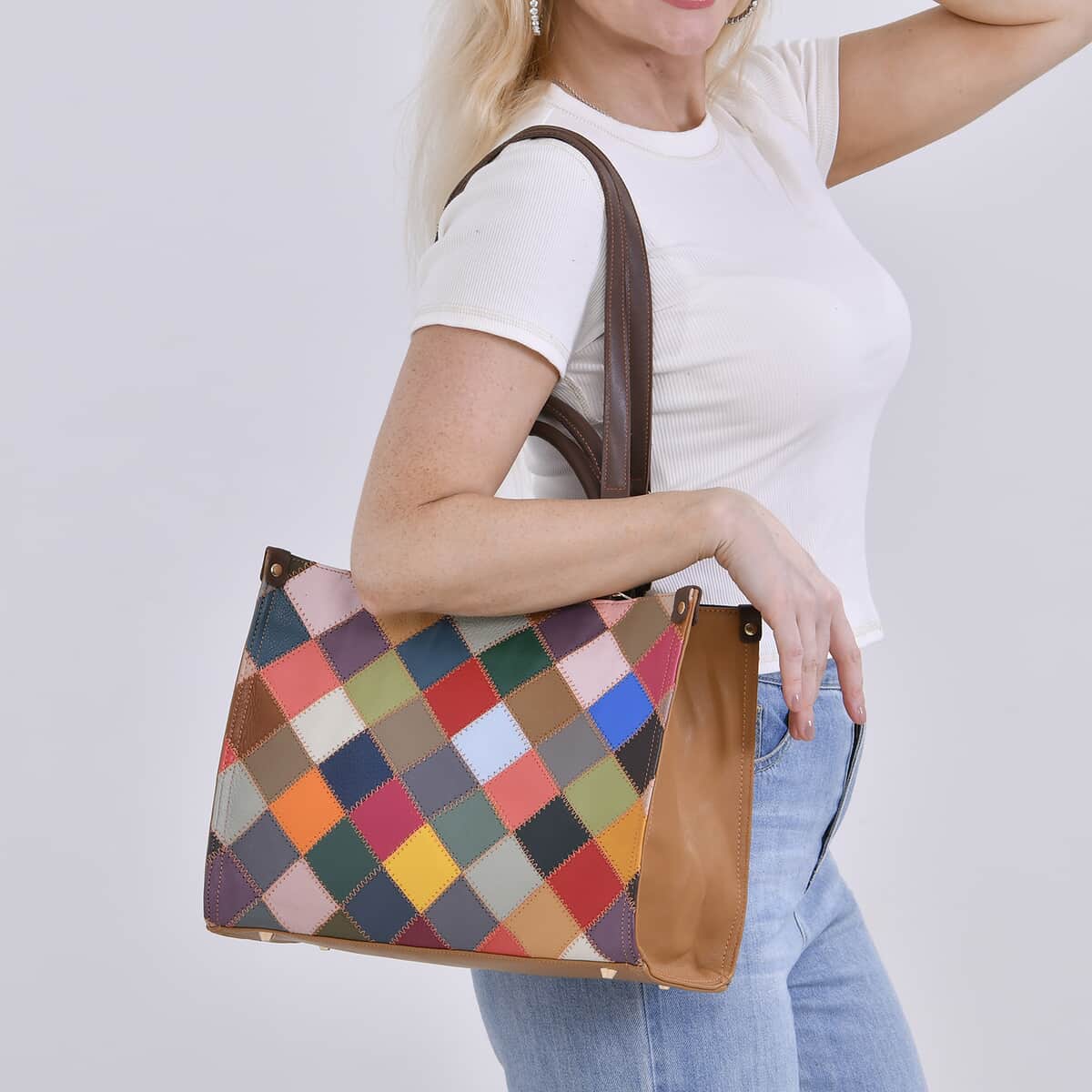 Chaos Collection Multicolor Rhomboid RFID Pretect Genuine Leather Tote Bag (13.4"x5.9"x10.2") with 2 pcs Shoulder Strap (29.5") image number 1