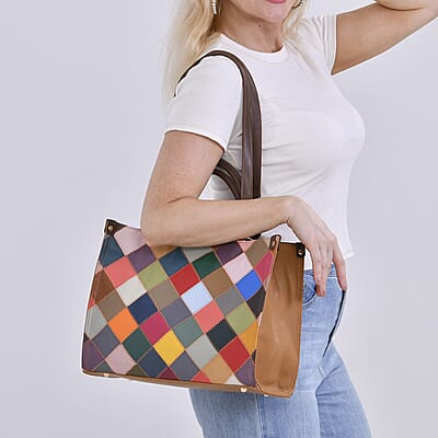 Chaos Collection Multicolor Rhomboid RFID Protected Genuine Leather Tote Bag with 2 pcs Shoulder Strap