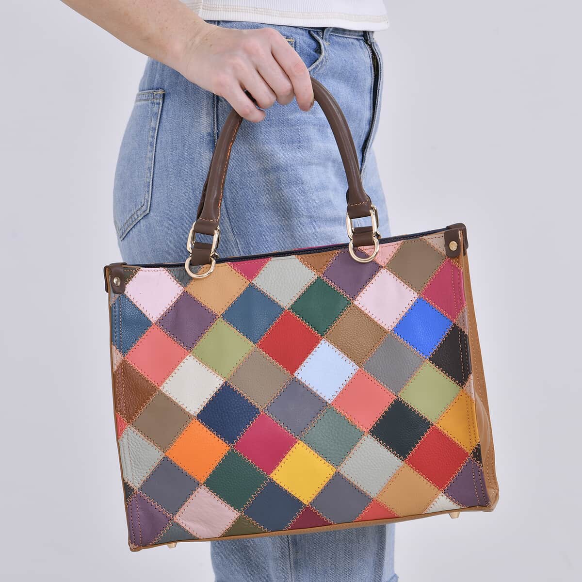 Chaos Collection Multicolor Rhomboid RFID Pretect Genuine Leather Tote Bag (13.4"x5.9"x10.2") with 2 pcs Shoulder Strap (29.5") image number 2