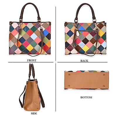 Chaos Collection Multicolor Rhomboid RFID Protected Genuine Leather Tote Bag with 2 pcs Shoulder Strap