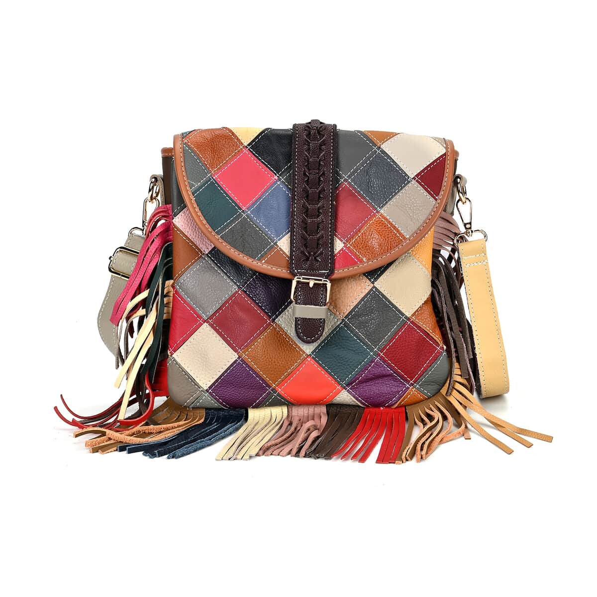 Chaos Collection Multicolor Rhomboid RFID Protected Genuine Leather Crossbody Bag with Tassel and Shoulder Strap image number 0