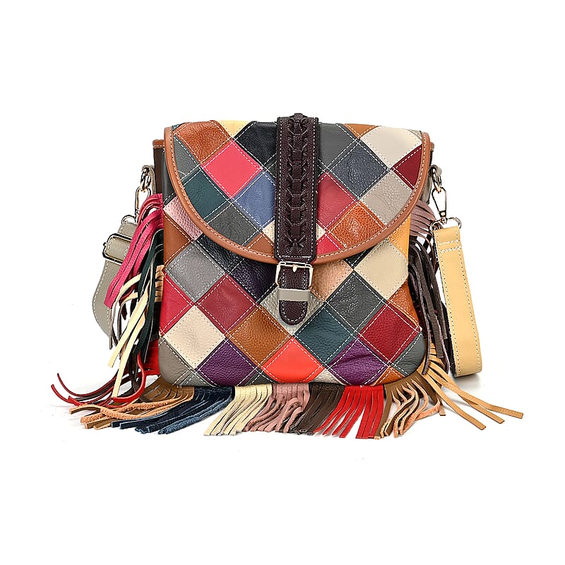 Chaos Collection Multicolor Rhomboid RFID Protected Genuine Leather Crossbody Bag with Tassel and Shoulder Strap