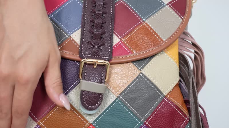 Chaos Collection Multicolor Rhomboid RFID Pretect Genuine Leather Crossbody Bag (9.8"x1.9"x9") with Tassel and Shoulder Strap (51")