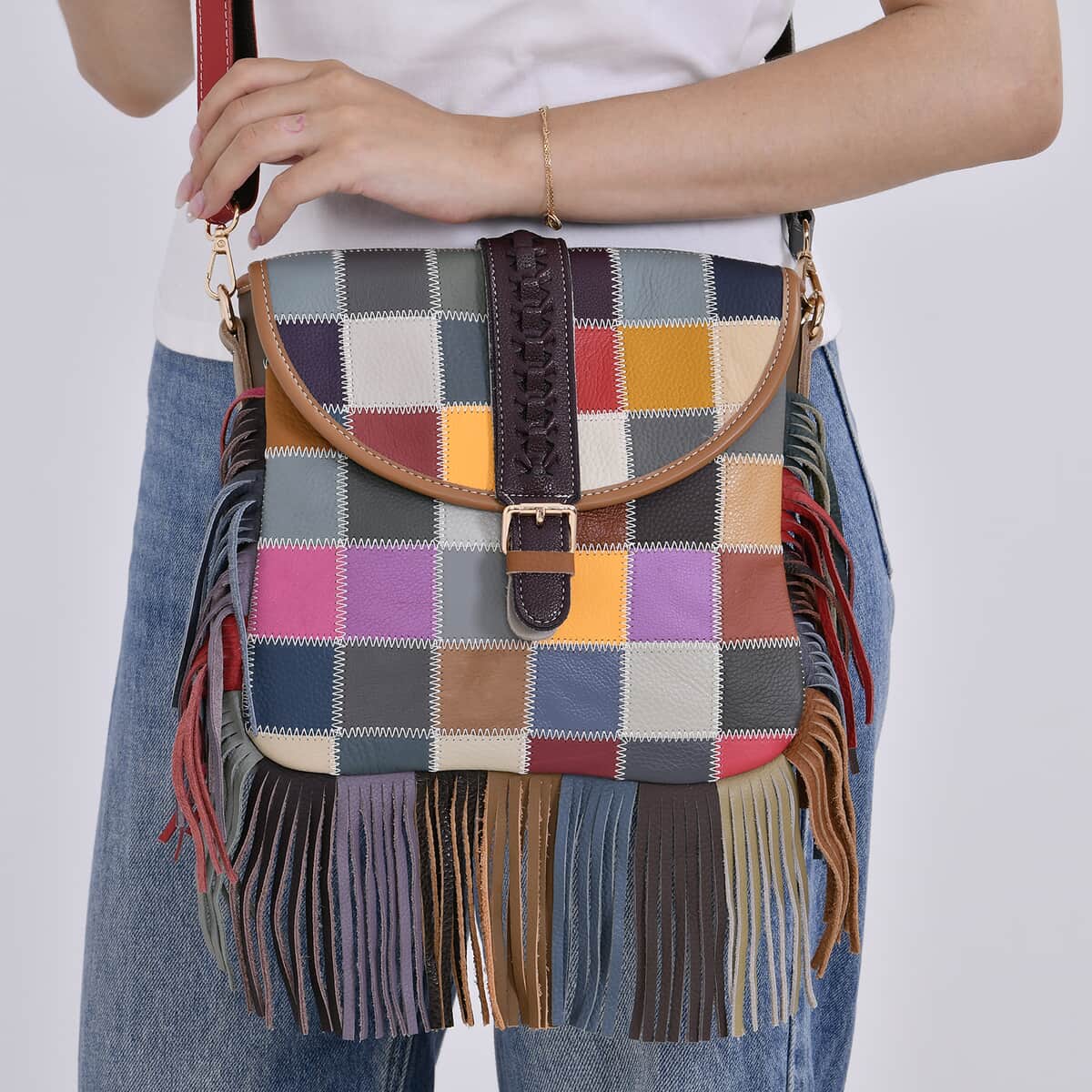 Chaos Collection Multicolor Rhomboid RFID Pretect Genuine Leather Crossbody Bag (9.8"x1.9"x9") with Tassel and Shoulder Strap (51") image number 2