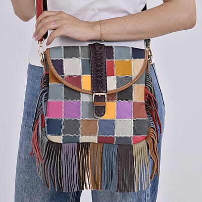 Chaos Collection Multicolor Rhomboid RFID Protected Genuine Leather Crossbody Bag with Tassel and Shoulder Strap