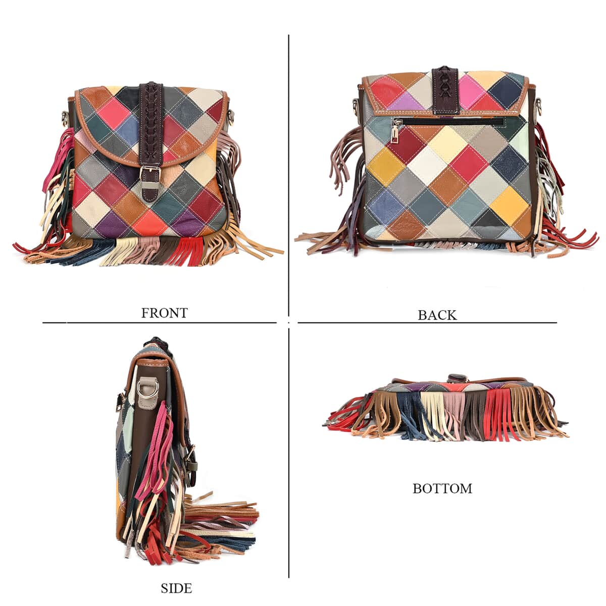 Chaos Collection Multicolor Rhomboid RFID Pretect Genuine Leather Crossbody Bag (9.8"x1.9"x9") with Tassel and Shoulder Strap (51") image number 3