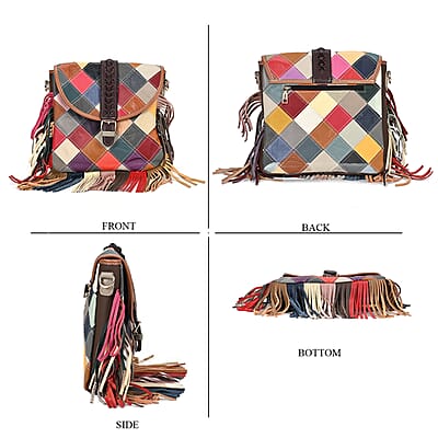 Chaos Collection Multicolor Rhomboid RFID Protected Genuine Leather Crossbody Bag with Tassel and Shoulder Strap