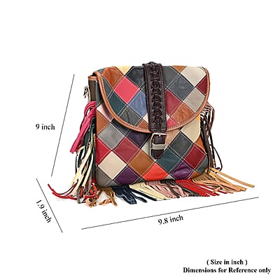 Chaos Collection Multicolor Rhomboid RFID Protected Genuine Leather Crossbody Bag with Tassel and Shoulder Strap