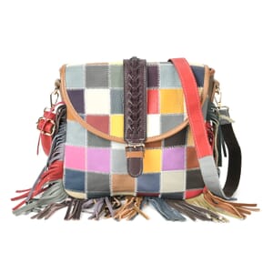 Chaos Collection Multicolor Square RFID Protected Genuine Leather Crossbody Bag with Tassel and Shoulder Strap