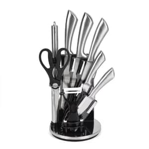 9PCS, Multi-Purpose Kitchen Knife Set with 360-Degree Rotating Acrylic Stand