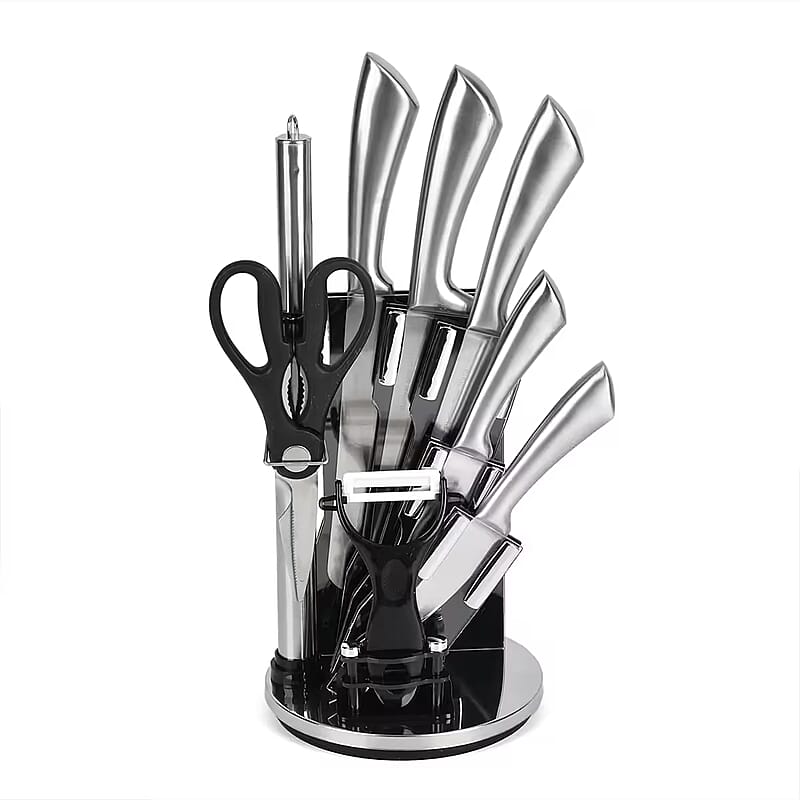 9PCS, Multi-Purpose Kitchen Knife Set with 360-Degree Rotating Acrylic Stand