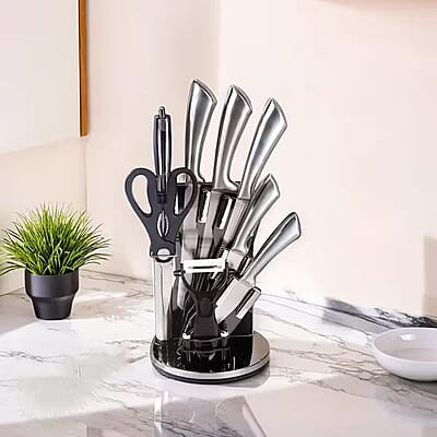 9PCS, Multi-Purpose Kitchen Knife Set with 360-Degree Rotating Acrylic Stand