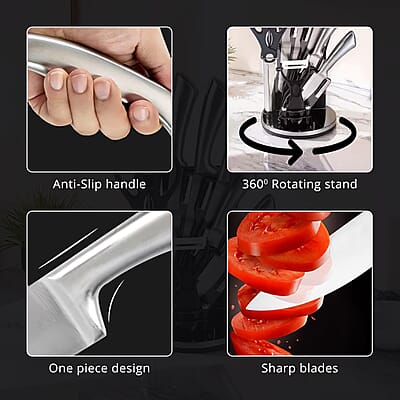 9PCS, Multi-Purpose Kitchen Knife Set with 360-Degree Rotating Acrylic Stand