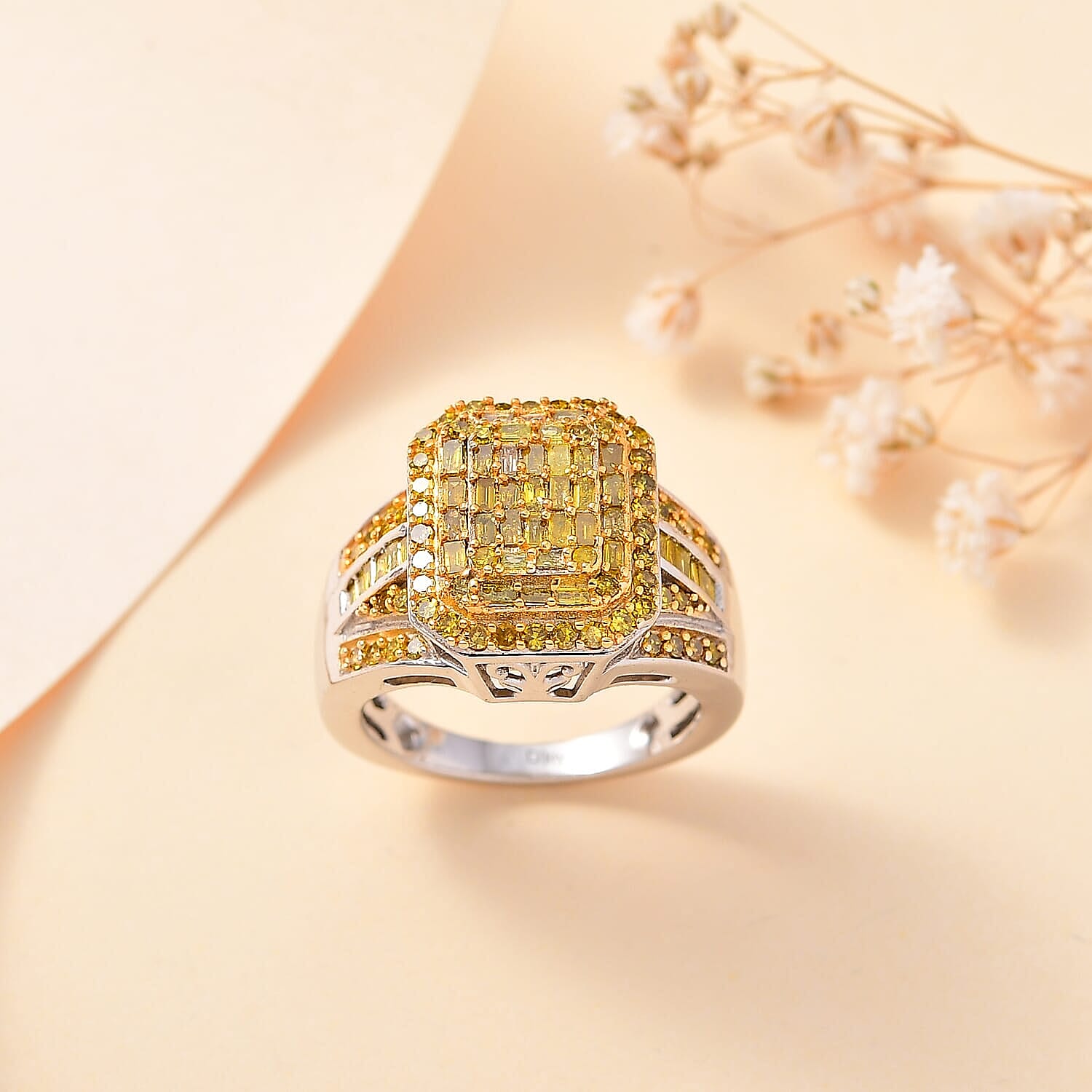 TLV Yellow Diamond (IR) Cluster Ring in Rhodium Over Sterling Silver (Size 5.0) 1.00 ctw