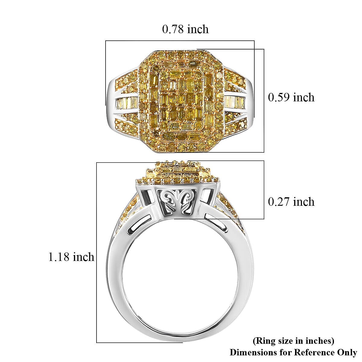 TLV Yellow Diamond (IR) Cluster Ring in Rhodium Over Sterling Silver (Size 5.0) 1.00 ctw