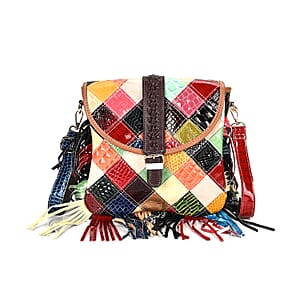 Chaos Collection Multicolor Rhomboid Crocodile Embossed RFID Protected Genuine Leather Crossbody Bag with Tassel and Shoulder Strap