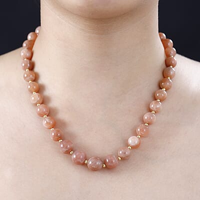 D'Joy Peach Moonstone Beaded Graduation Necklace 18-20 Inches in Vermeil Yellow Gold Over Sterling Silver 292.90 ctw