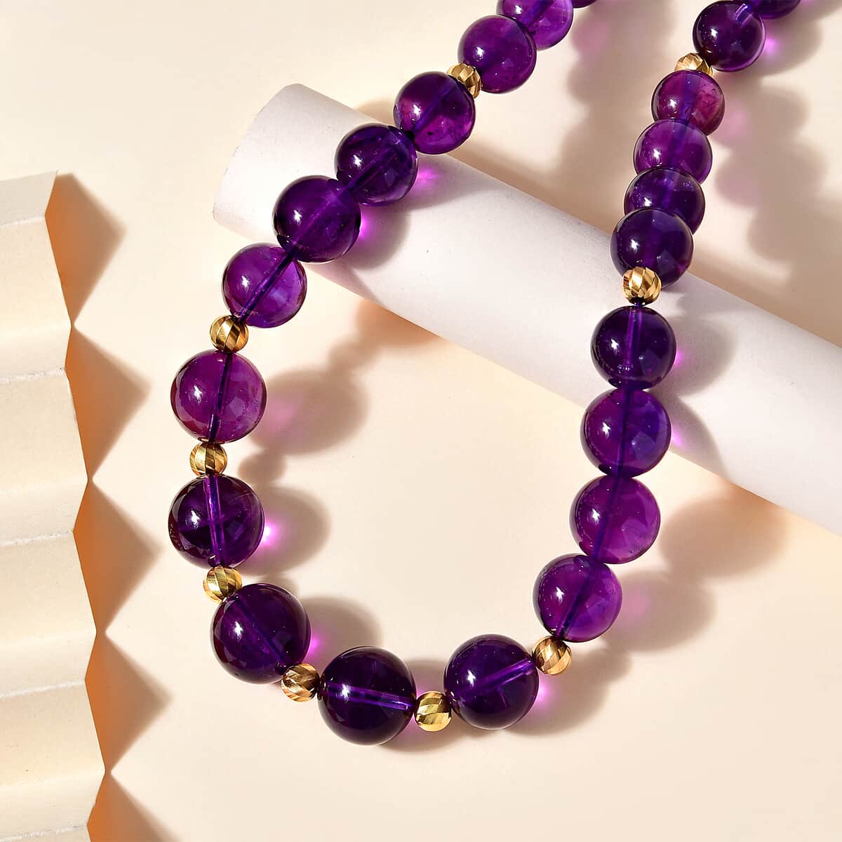 D'Joy African Amethyst 7-16mm Beaded Graduation Necklace 18-20 Inches in Vermeil Yellow Gold Over Sterling Silver 416.00 ctw image number 1