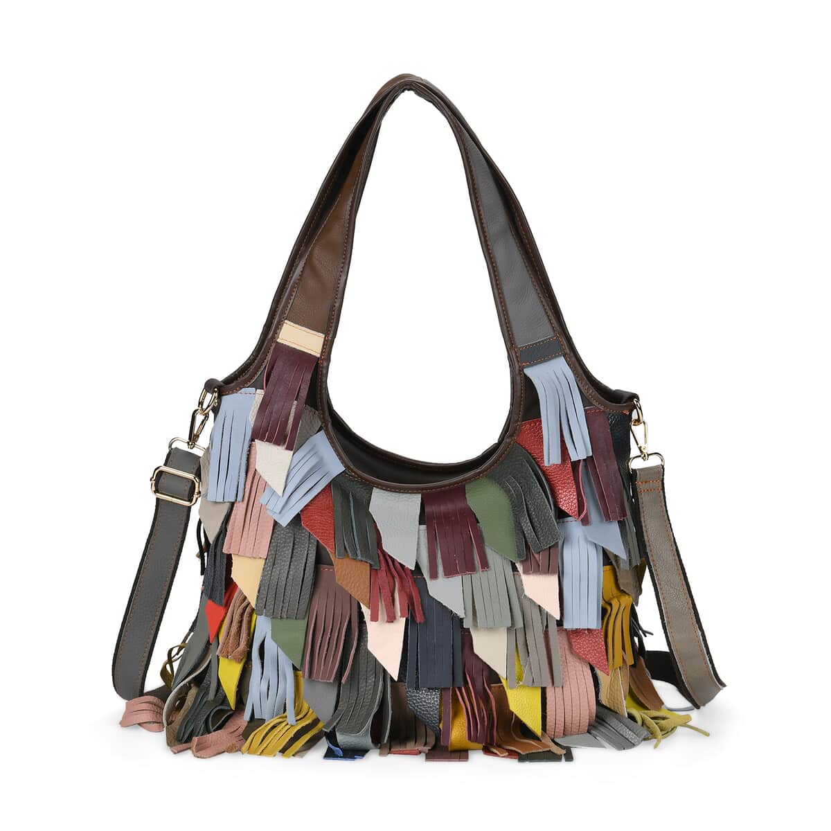 Chaos By Elsie Multi Color Genuine Leather Fringe Hobo Bag with Detachable Shoulder Strap image number 0