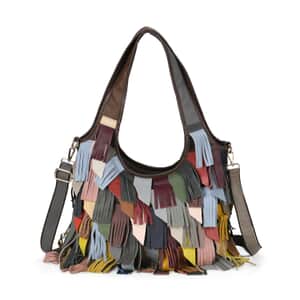 Chaos By Elsie Multi Color Genuine Leather Fringe Hobo Bag with Detachable Shoulder Strap