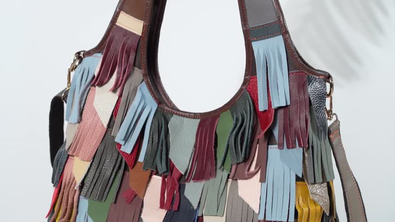 Chaos By Elsie Multi Color Genuine Leather Fringe Hobo Bag (14.5"x4.9"x12.2") with Detachable Shoulder Strap