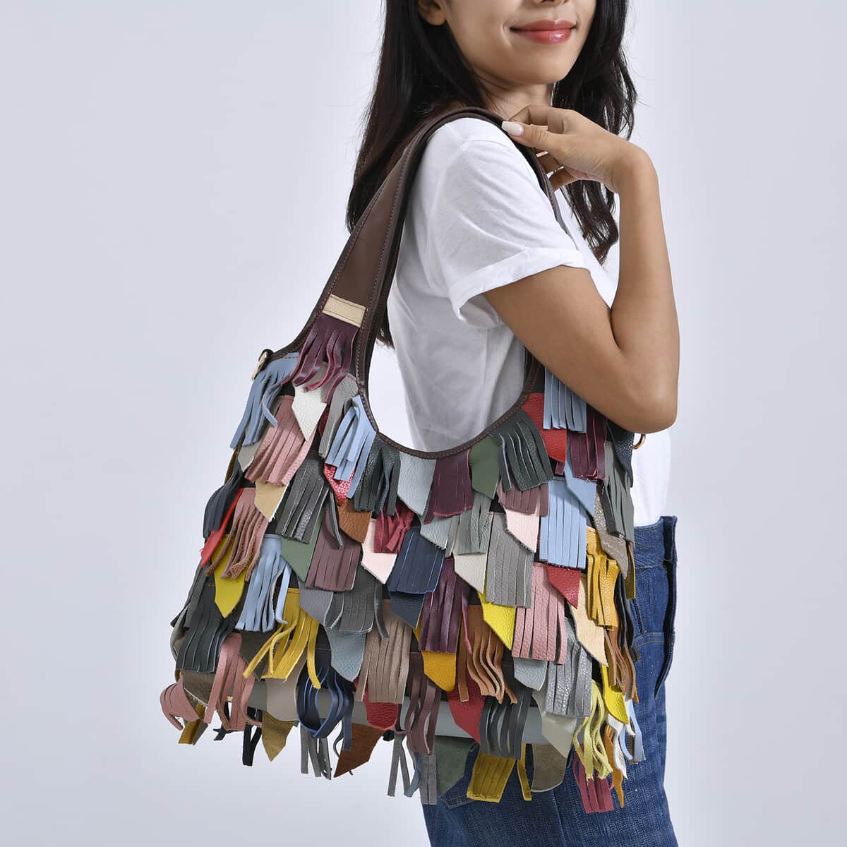 Chaos By Elsie Multi Color Genuine Leather Fringe Hobo Bag with Detachable Shoulder Strap image number 2