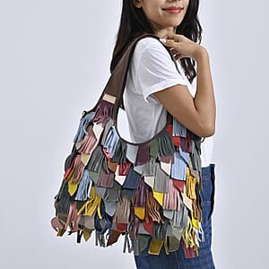 Chaos By Elsie Multi Color Genuine Leather Fringe Hobo Bag with Detachable Shoulder Strap