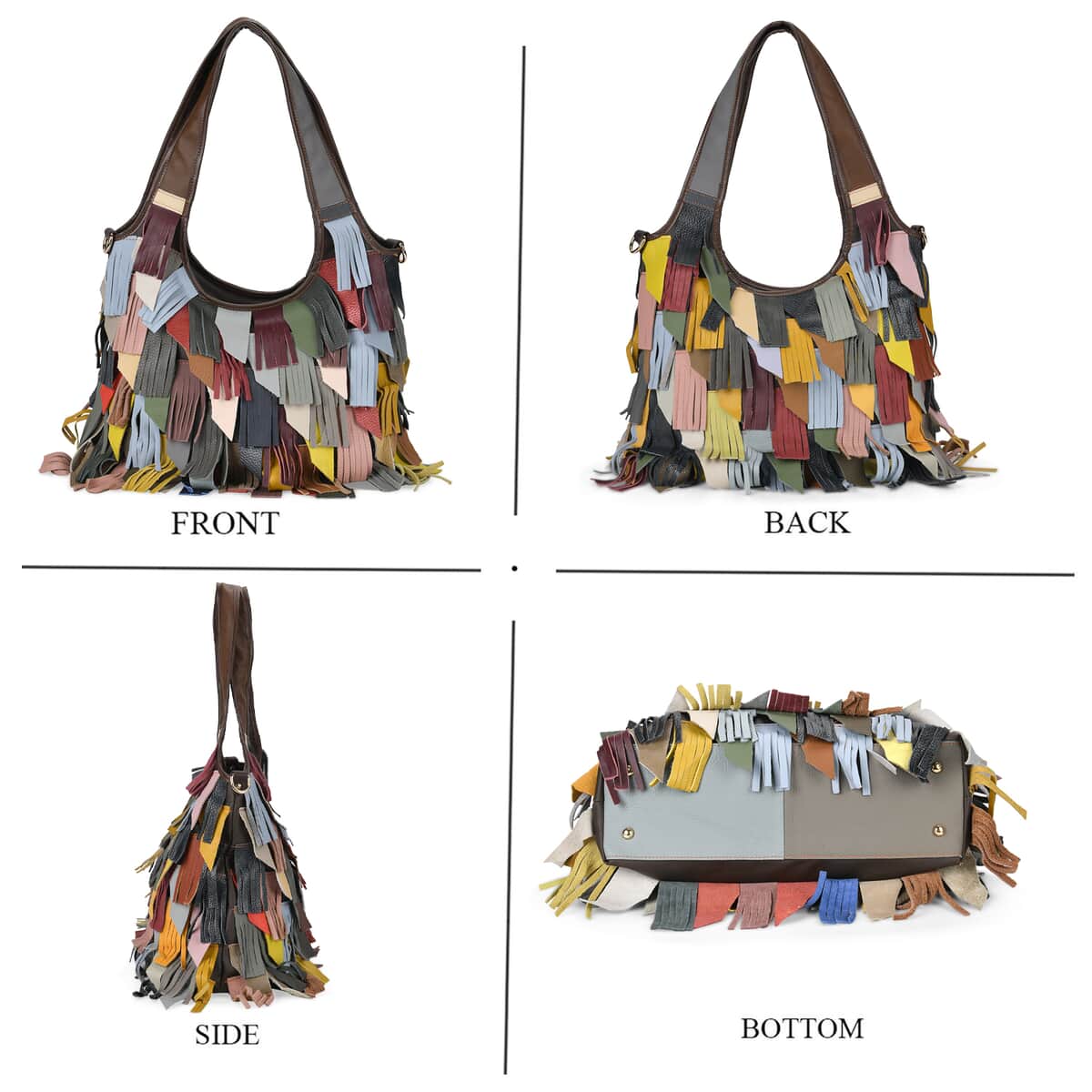 Chaos By Elsie Multi Color Genuine Leather Fringe Hobo Bag with Detachable Shoulder Strap image number 3