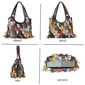 Chaos By Elsie Multi Color Genuine Leather Fringe Hobo Bag with Detachable Shoulder Strap