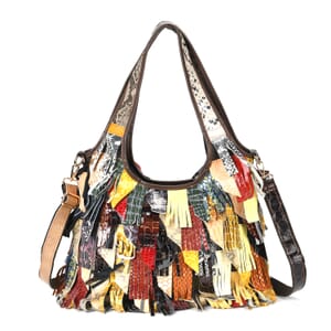 Chaos By Elsie Multi Color Croco Embossed Genuine Leather Fringe Hobo Bag with Detachable Shoulder Strap
