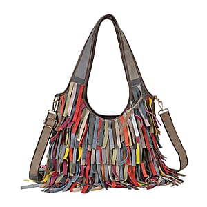 Chaos By Elsie Multi Color Genuine Leather Stripe Shape Fringe Hobo Bag with Detachable Shoulder Strap