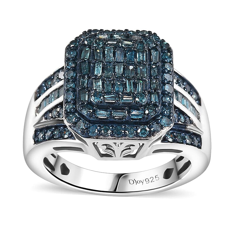 TLV Blue Diamond (IR) Cluster Ring in Rhodium Over Sterling Silver (Size 5.0) 1.00 ctw