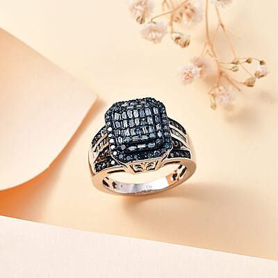 TLV Blue Diamond (IR) Cluster Ring in Rhodium Over Sterling Silver (Size 5.0) 1.00 ctw