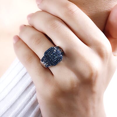 TLV Blue Diamond (IR) Cluster Ring in Rhodium Over Sterling Silver (Size 5.0) 1.00 ctw
