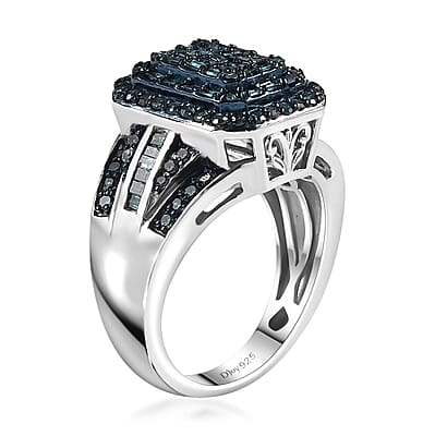 TLV Blue Diamond (IR) Cluster Ring in Rhodium Over Sterling Silver (Size 5.0) 1.00 ctw