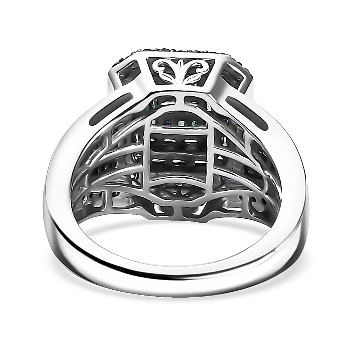 TLV Blue Diamond (IR) Cluster Ring in Rhodium Over Sterling Silver (Size 5.0) 1.00 ctw
