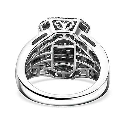 TLV Blue Diamond (IR) Cluster Ring in Rhodium Over Sterling Silver (Size 5.0) 1.00 ctw