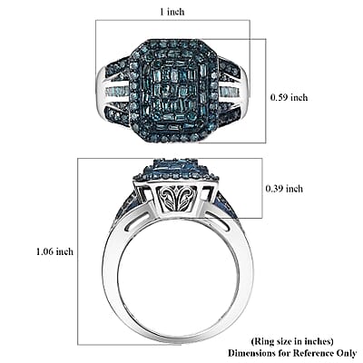 TLV Blue Diamond (IR) Cluster Ring in Rhodium Over Sterling Silver (Size 5.0) 1.00 ctw