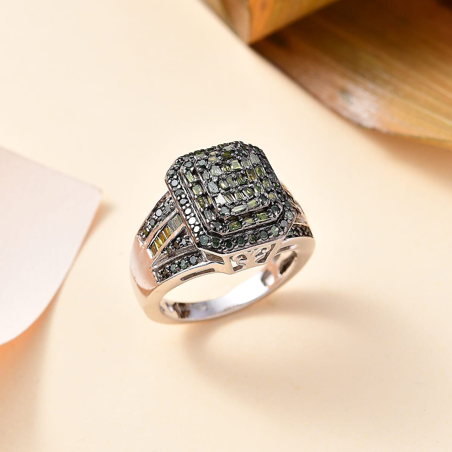 Green Diamond (IR) Cluster Ring in Rhodium Over Sterling Silver (Size 10.0) 1.00 ctw
