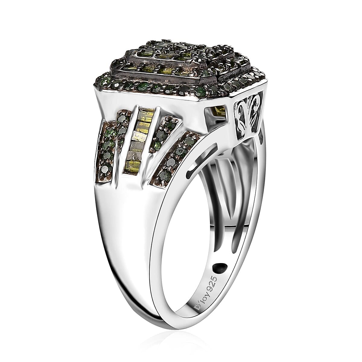 Green Diamond (IR) Cluster Ring in Rhodium Over Sterling Silver (Size 10.0) 1.00 ctw