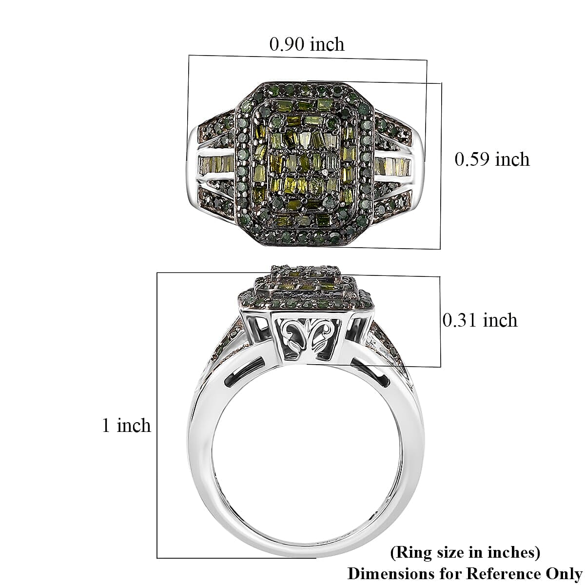 Green Diamond (IR) Cluster Ring in Rhodium Over Sterling Silver (Size 10.0) 1.00 ctw