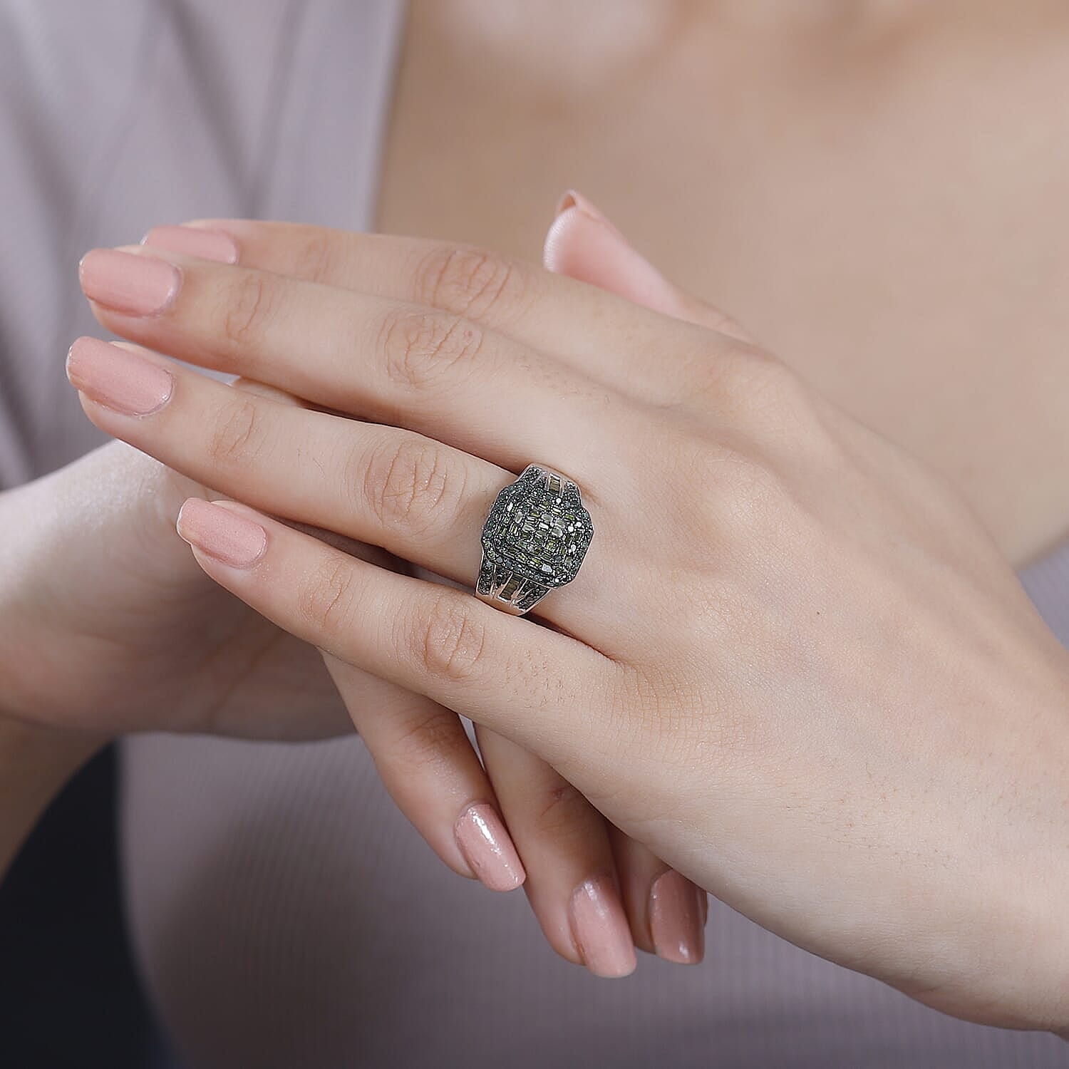 Green Diamond (IR) Cluster Ring in Rhodium Over Sterling Silver (Size 5.0) 1.00 ctw