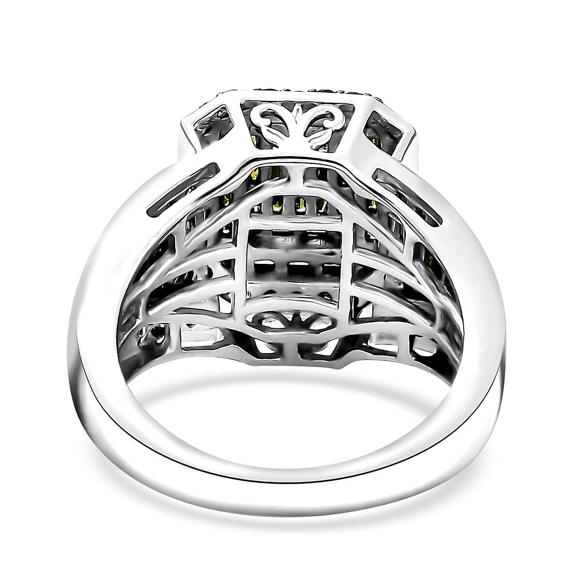 Green Diamond (IR) Cluster Ring in Rhodium Over Sterling Silver (Size 5.0) 1.00 ctw