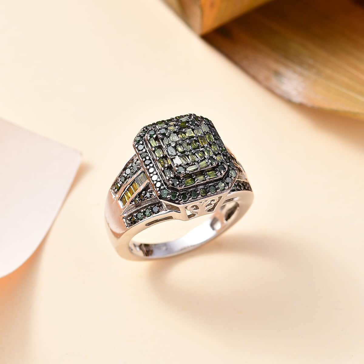 Green Diamond 1.00 ctw Art Deco Ring in Rhodium Over Sterling Silver (Size 7.0) image number 1