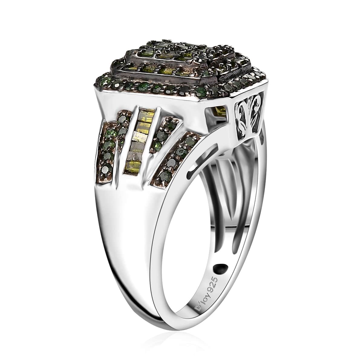 Green Diamond 1.00 ctw Art Deco Ring in Rhodium Over Sterling Silver (Size 7.0) image number 3