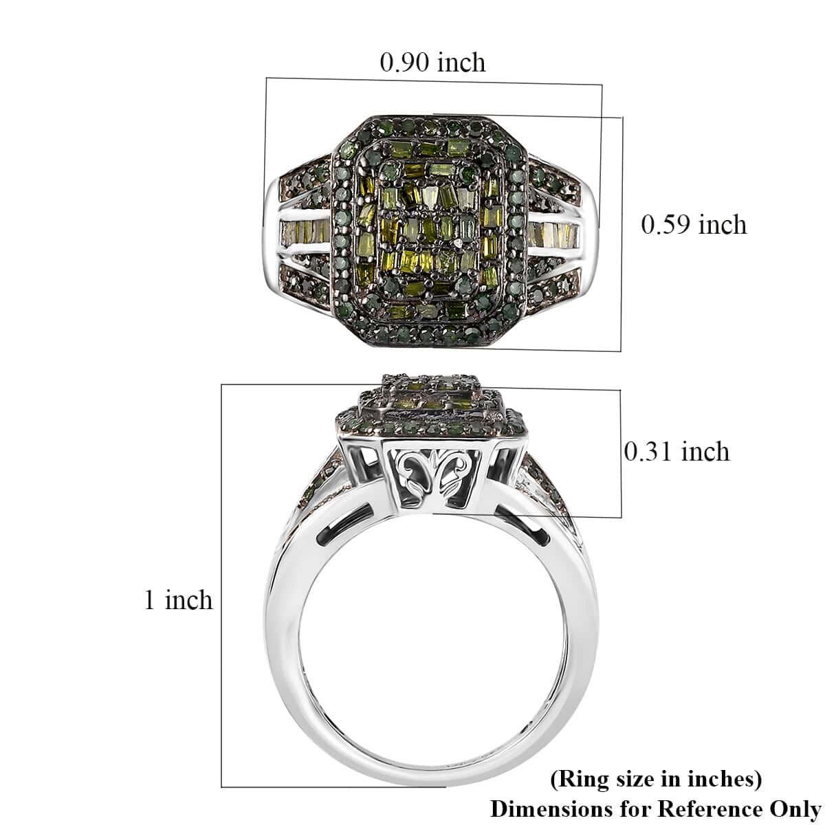 Green Diamond 1.00 ctw Art Deco Ring in Rhodium Over Sterling Silver (Size 7.0) image number 5