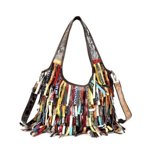 Chaos By Elsie Multi Color Genuine Leather Croco Shining Embossed Fringe Hobo Bag with Detachable Shoulder Strap